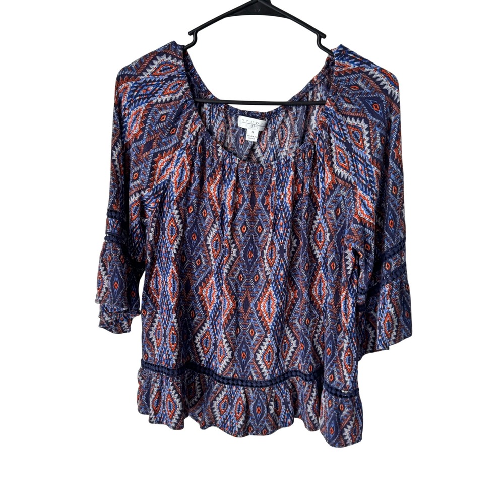 Studio JPR Womens Boho Ikat Print Bell Sleeve Peplum Blouse Navy Orange‎ Small